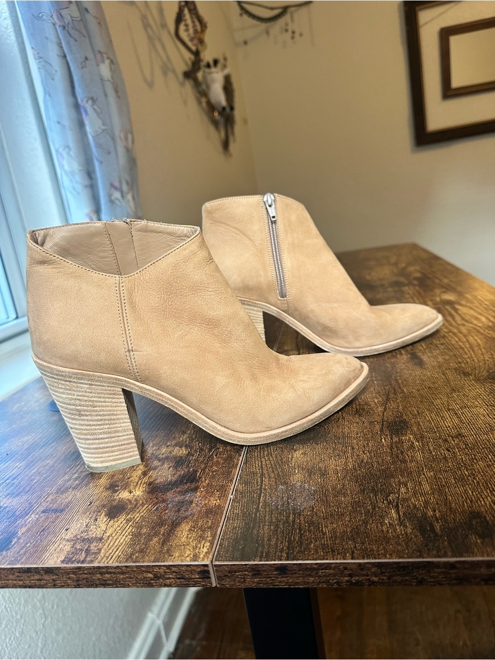Vince Tan Suede Ankle Booties with Stacked Block Heel